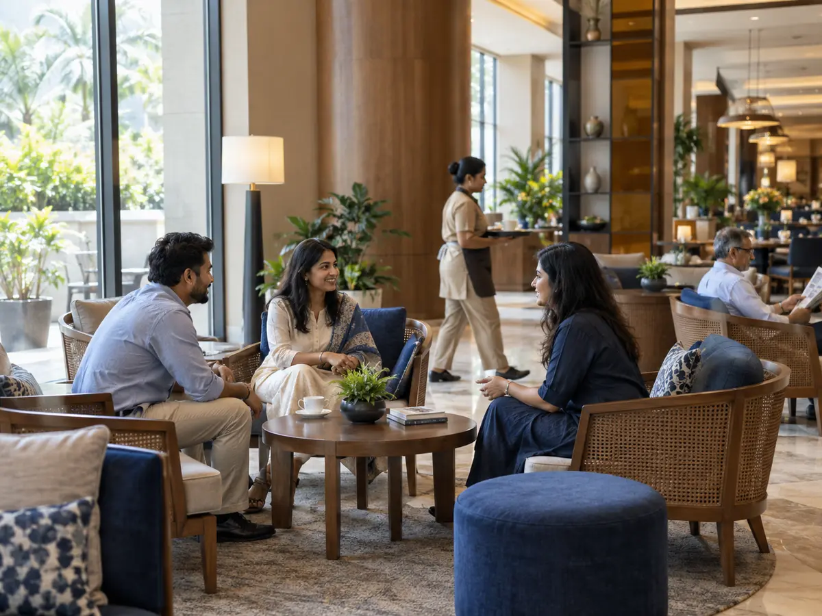 Refined hospitality interior with warm wooden furniture